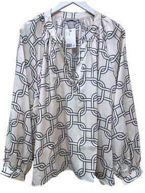 H&M Modern Print Blouse XXL Cream Black Womens Career Top NWT